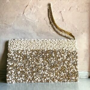 Beaded Zipper Close Clutch Bag With Handle White Beige Gold Beads Bali Unmarked